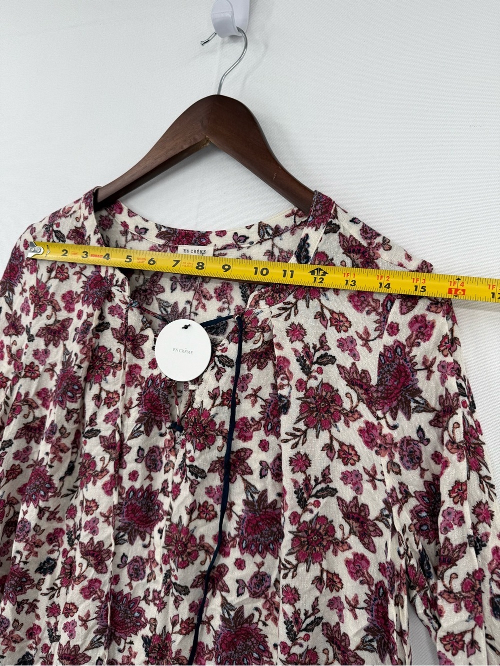En Crème Floral Boho Dress Size S Bell Sleeve Tunic Pink Navy - Picture 10 of 11